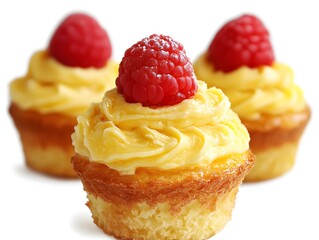 Three delicious mini cupcakes topped with creamy yellow frosting and fresh raspberries perfect for a sweet treat.