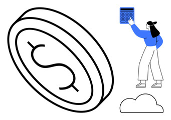 Woman interacts with calculator near cloud and dollar coin, representing financial management, calculation, savings, fintech, investments, accounting, and digital resources. Ideal for money