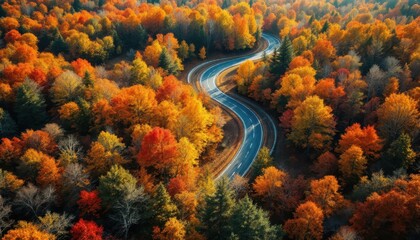 Obraz premium Winding road through vibrant autumn forest with colorful foliage