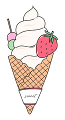 Soft ice cream on waffle cone and topped with strawberry fruit and dango hand drawn illustration
