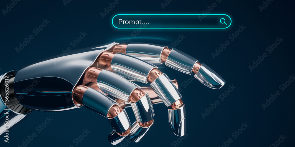 Poster chrome robotic hand reaching for a search bar, showcasing technological advancement and artificial i