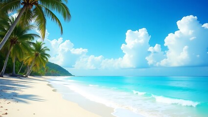 Serene tropical beach sunny sky white sand palm