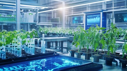 A high tech AI controlled agricultural research facility analyzing crop genetics and developing drought resistant plant varieties, Agricultural science style, photo of