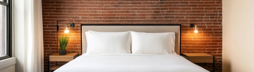 Naklejka premium Luxury urban loft suite with a chic modern bed, exposed brick walls, and warm lighting