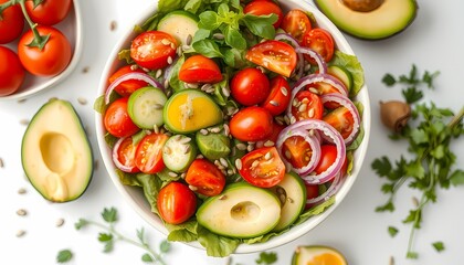 Fresh garden salad preparation home kitchen food photography bright environment close-up view healthy eating concept