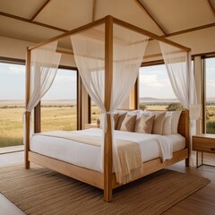 Exotic safari lodge suite with a four-poster bed, mosquito net drapes, and panoramic savanna views