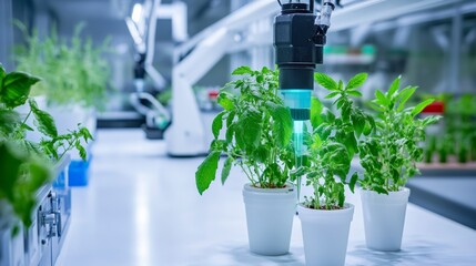 A high tech AI controlled bioengineering lab developing genetically modified organisms for enhanced agricultural yields, Biotechnology style, photo of