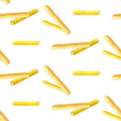 Watercolor seamless dynamic pattern of franch fried on white background. French fries watercolor hand drawn illustration. Fast food illustration.  