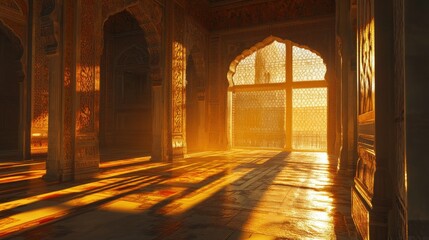 Fototapeta premium The Taj Mahal at sunset, with warm golden light casting long shadows and enhancing the monument's intricate details