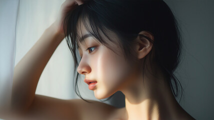 Fototapeta premium 鏡前で髪を整える日本人女性・ノースリーブ姿の横顔に映る日常美