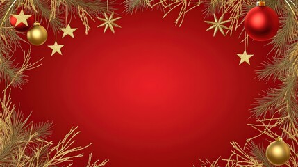 A festive red background decorated with golden ornaments, stars, and pine branches, perfect for holiday-themed designs and celebrations.