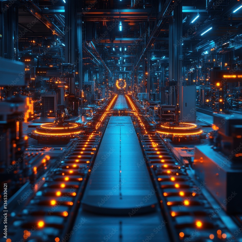 Poster futuristic production line featuring advanced machinery and illuminated conveyor belts in high-tech 