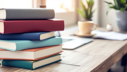 Fototapeta premium Stack of colorful books on wooden desk with laptop and plants in cozy workspace