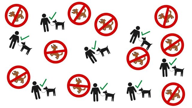 Dog walking on a leash, do not unleash your dog on white and green background - animation