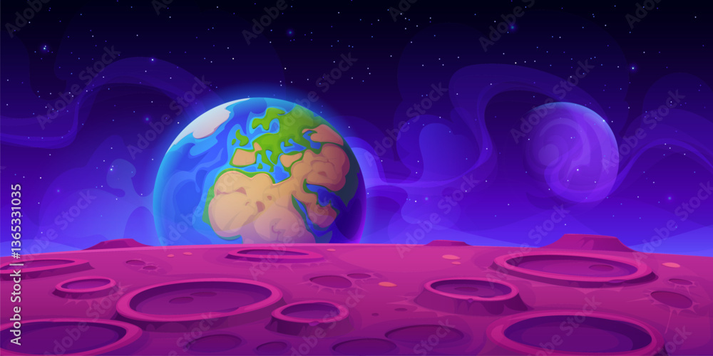 Poster view of earth and alien planet surface landscape for galaxy fantasy, vector background. purple plane