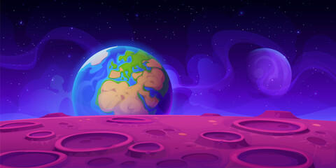 View of earth and alien planet surface landscape for galaxy fantasy, vector background. Purple planet surface with craters and view on earth planet in starry sky among galaxy stars in outer space © Vector Tradition