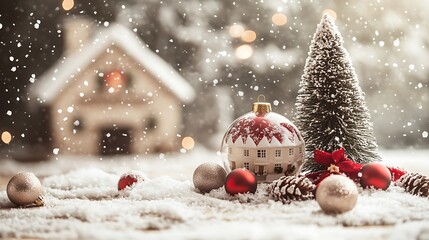 Obraz premium Festive Christmas scene with snow decorations and a small house