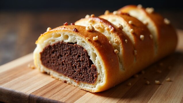 Freshly baked Kozonak bread showcasing cocoa filling and walnuts on wooden cutting board
