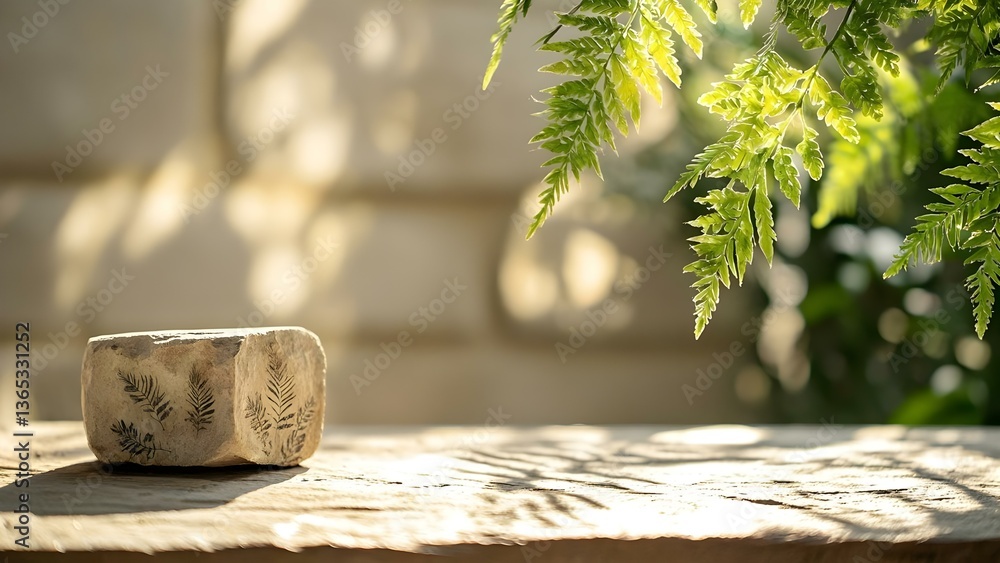 Poster a textured stone with fern patterns rests on a wooden surface, illuminated by soft natural light and
