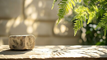 A textured stone with fern patterns rests on a wooden surface, illuminated by soft natural light and surrounded by greenery. Concept Textured Stone Art, Nature-Inspired Decor, Soft Natural Lighting