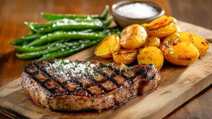 Grilled steak with roasted potatoes and green beans served on a wooden board in a rustic setting