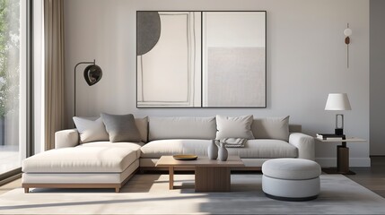 A contemporary living room with a sleek sectional sofa, a statement coffee table, and ambient lighting. Neutral tones accented with rich textures and modern artwork