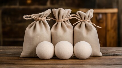 Three beige drawstring bags tied with twine, containing white balls, sit on a wooden surface.