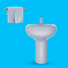 White ceramic sink basin with towel in realistic 3d style. Elements design for bathroom isolated on blue background. Modern vector illustration.