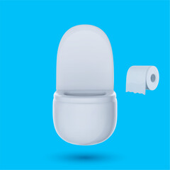 White ceramic open wall hung toilet bowl with paper roll in realistic 3d style. Elements design for bathroom isolated on blue background. Modern vector illustration.
