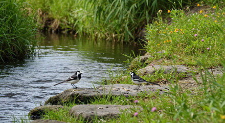 Obraz premium Pair of wagtails by tranquil stream, nature scene with vibrant greenery