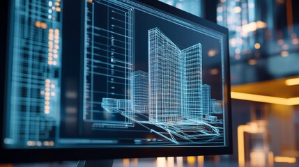 A high tech AI driven 3D modeling software used by architects to design futuristic buildings with advanced structural features, Architecture technology style, photo of