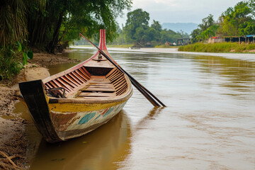 Obraz premium Tranquil boat resting by the riverbank under a bright sky on a sunny day