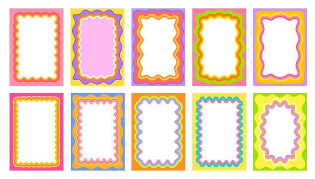 Groovy Y2K color scallop wavy frames and retro funky borders, vector blank backgrounds. Groovy psychedelic scallop pattern frames with wavy borders with bright colors for posters of photo frames