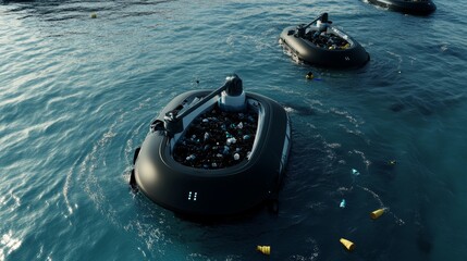 A high tech AI driven autonomous ocean cleanup system with robotic vessels collecting plastic waste from the sea, Environmental technology style, photo of