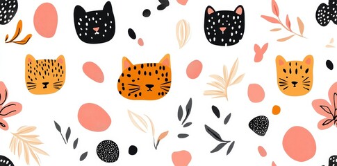 A playful pattern featuring illustrated cat heads in various colors, surrounded by abstract shapes and leaves on a white background.
