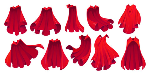 Red superhero cape, hero coat cloak and magic carnival mantle. Vector set of cartoon crimson colored defender drapery or party costumes, embodying superpowers, heroism, mystery, courage and adventure