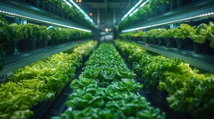 Indoor vertical farm with lush green vegetables growing under led lights