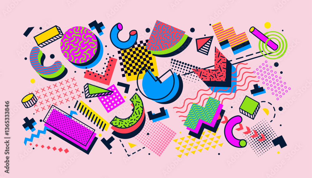 Poster Abstract memphis shapes background of modern graphic elements. Vector color line circles, squares and triangles geometric shapes with abstract memphis pattern. Trendy minimal geometric background