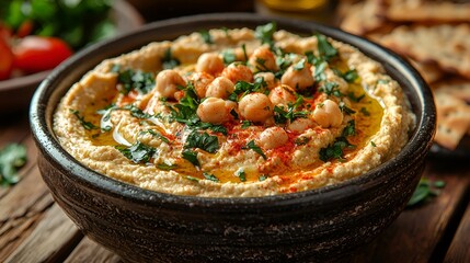 Fototapeta premium Creamy hummus in a bowl, garnished with chickpeas, parsley, and olive oil.