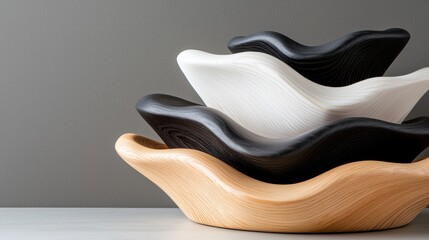 Obraz premium A stack of three bowls in black, white, and light brown, arranged on a gray surface.