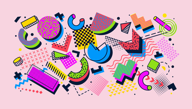 Abstract memphis shapes background of modern graphic elements. Vector color line circles, squares and triangles geometric shapes with abstract memphis pattern. Trendy minimal geometric background
