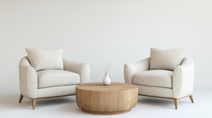 3D rendering of two beige fabric armchairs and a round wooden coffee table on a white background. Minimalist