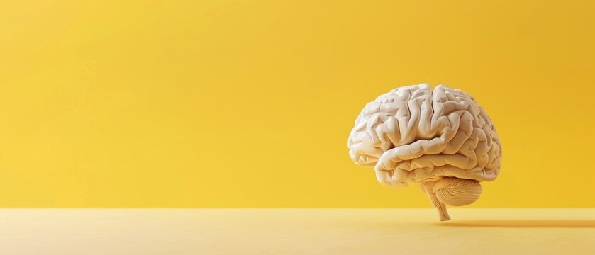 Realistic 3D brain renderer on yellow background symbolizing intelligence and cognitive processes, useful for educational materials, scientific publications.
