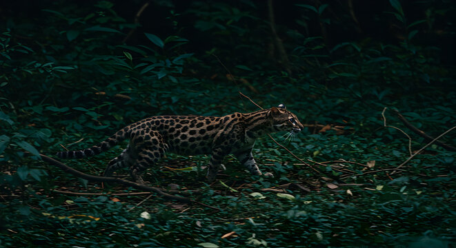 Spotted Linsang navigating the dense undergrowth of a shadowy forest