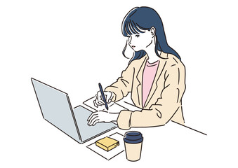 ノートPCで作業する女性 - リモートワーク、オフィスワークのイラスト