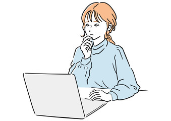 ノートPCを見ながら考える女性 - アイデア、思考、問題解決のイラスト