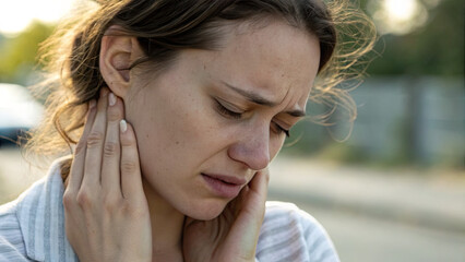 Worried young woman gently touching her neck with subtle concern, expressing anxiety or health issues, medical checkup and nervousness concept.