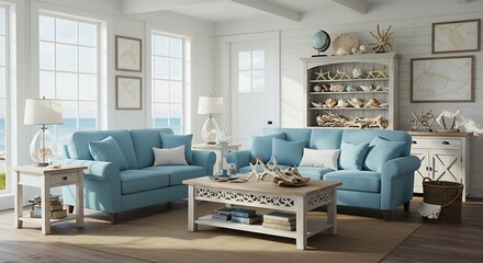 Elegant coastal living room featuring blue sofas and nautical decor accents