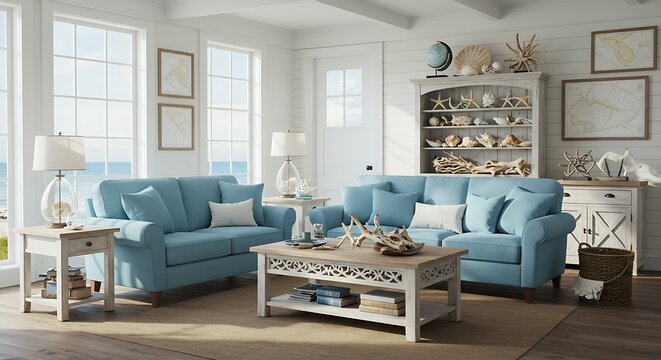 Elegant coastal living room featuring blue sofas and nautical decor accents
