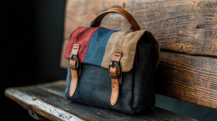 A small black and blue bag with brown leather straps and a brown leather handle.